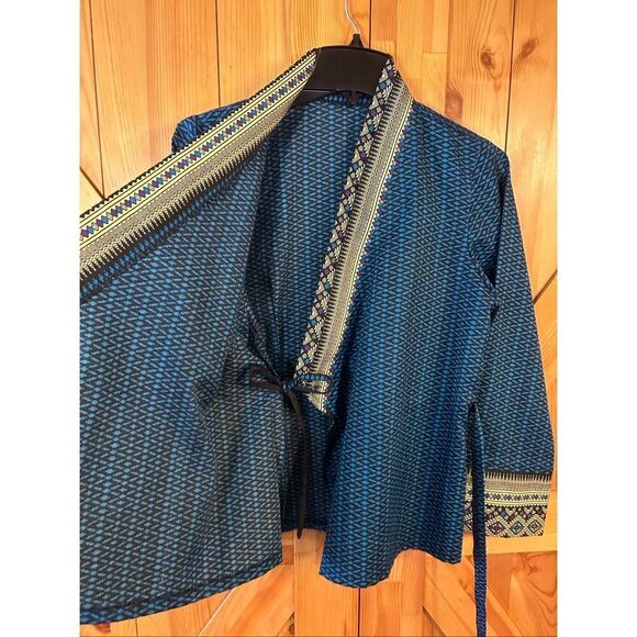 Chinese Women’s Wrap Kimono Jacket Blue Multicolor Pattern READ Size (5420) - Picture 4 of 5
